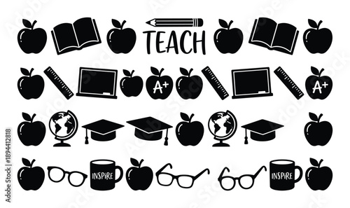 Black and white teaching themed design featuring school supplies, books, apple, glasses, and globe