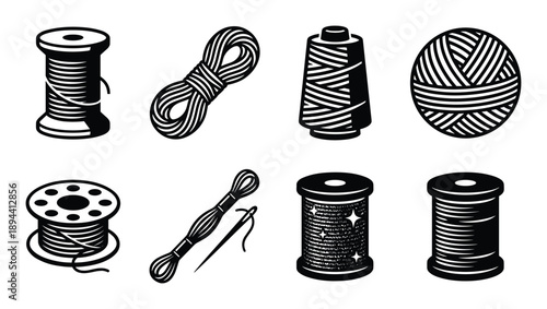 Black and white thread types illustration. Includes spools, yarn, needle and thread. Line art drawing.