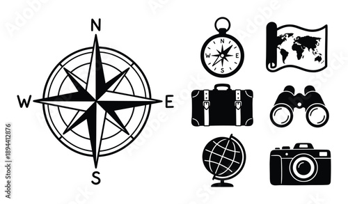 Black and white travel icons including compass, map, suitcase, globe, camera, binoculars and more.