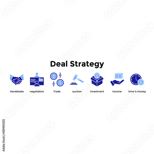Deal Strategy Icon Set. Containing Handshake, Negotiation, Trade, Auction, Investment, Income, Time Is Money