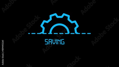 Saving gear icon animation on black background, data save progress indicator, technology system storage UI loop