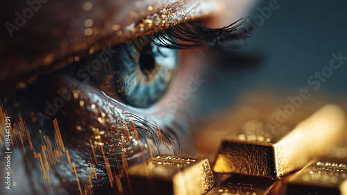 close up of human eye with gold bars reflecting in it, symbolizing wealth and ambition. image captures intricate details of eye and shimmering gold, creating sense of luxury and aspiration