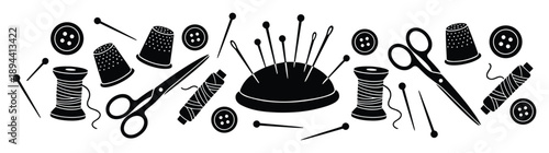 Black silhouette set of tailoring and needlework equipment: buttons, thimbles, spools, scissors.