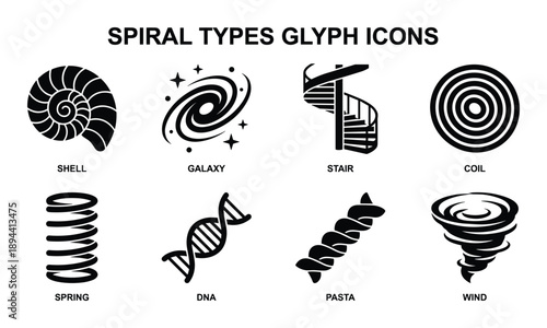 Black spiral types glyph icons including shell, galaxy, stair, coil, spring, DNA, pasta, and wind design elements.