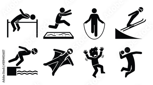 Black stick figures icons of sports: High jump, long jump, skipping rope, ski jump, diving, falling, shot put.