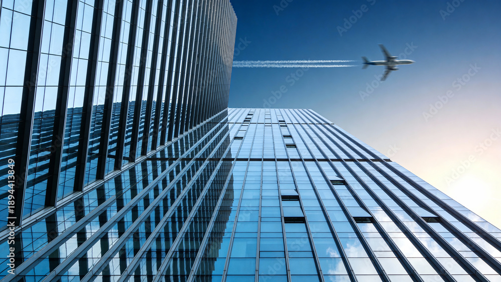 Obraz premium Modern glass skyscraper reflects blue sky and clouds while a commercial airplane flies overhead leaving a white contrail. Concept for urban architecture, travel, and business transport.