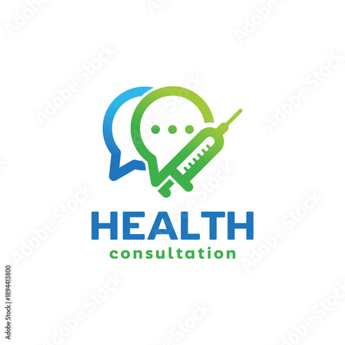 Professional health consultation chat logo combining speech bubble and syringe icon. Ideal for telemedicine apps, medical consultation services, healthcare platforms, and online doctor communication