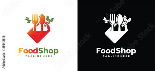 Attractive food shop logo combining price label and spoon fork icon. Ideal for restaurants, food markets, grocery stores, catering services, and culinary ecommerce branding.
