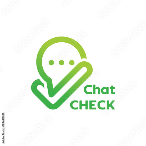 Modern chat check logo design featuring speech bubble and check mark concept. Perfect for verified messaging apps, secure communication platforms, customer support services
