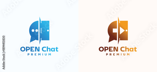 Creative open chat logo featuring door symbol representing accessibility and openness. Ideal for customer support, helpdesk services, open communication platforms, and digital service branding.