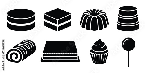 Cakes shapes glyph vector icons, Assorted cake slices, bundt, rolls, muffin, and lollipop designs.