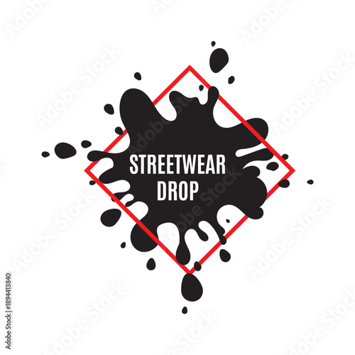 Streetwear drop promotional banner with artistic black ink splash inside a red diamond frame design