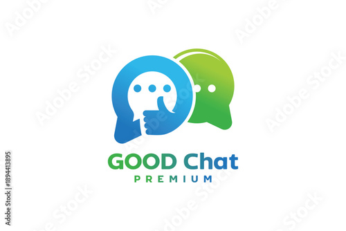 Friendly good chat logo featuring speech bubbles and thumbs up gesture. Perfect for messaging apps, customer support services, social platforms, feedback systems, and communication branding.