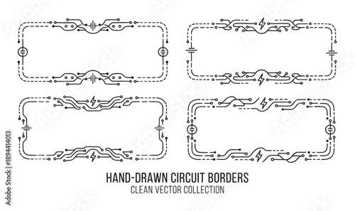 Circuit frame vector collection. Electrical components and wires creating unique and stylish rectangular borders.