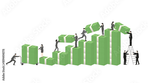 Systemic corruption and corporate financial fraud with business team stacking money bundles