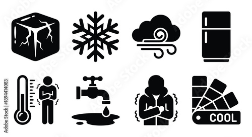 Cold glyph icons depicting ice, snow, wind, coldness, faucet, cool color, thermometer, winter coat