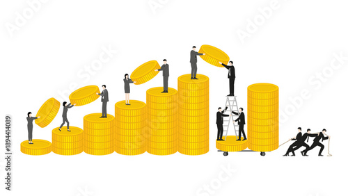 Business team collaborating in gold coins stacking and illegal wealth transfer for corruption concept