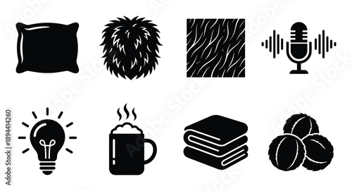 Collection of comfort elements: pillow, fur texture, podcast mic, coffee, lightbulb, towel, coconut balls.