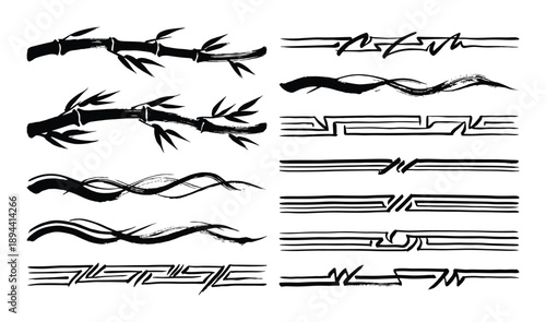Collection of decorative vector elements. Set of bamboo, ink borders, brush stroke dividers