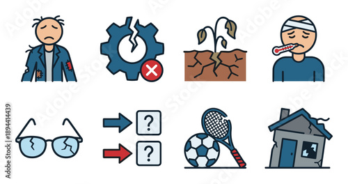 Collection of distress and misfortune icons including poverty, disease, damaged and broken items.