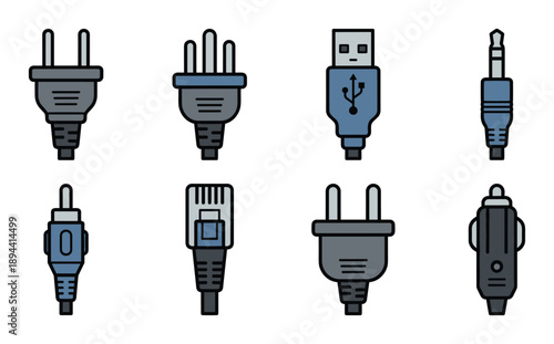 Collection of electrical plugs and connectors. Different types of plug, USB connector. Power supplies set.