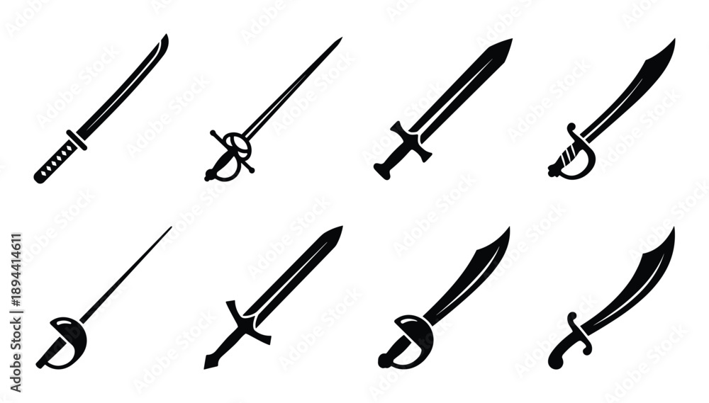 Naklejka premium Collection of glyph style swords, various designs, including katana, rapier, sabre, broadsword, and scimitar