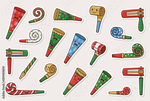 Holiday party noisemakers and candy canes in festive colors  