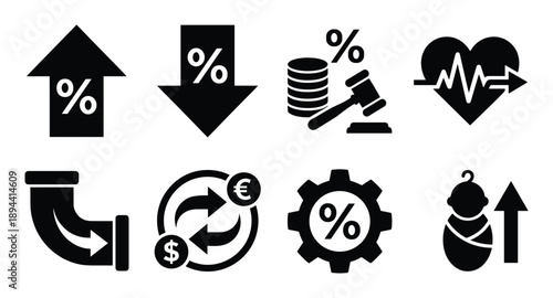 Collection of glyph icons depicting various rate types. Includes economic, health, currency, and industry symbols.