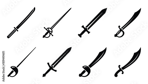 Collection of glyph style swords, various designs, including katana, rapier, sabre, broadsword, and scimitar