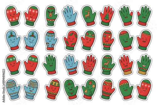 Colorful mittens in festive patterns arranged on white background  