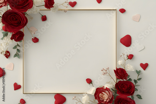 Flowers and hearts surround an empty frame placed on a white background for decoration during celebration time in a cozy space