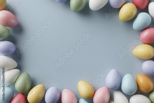 Colorful eggs on a light blue surface arranged in a circular pattern for festive decorations in springtime