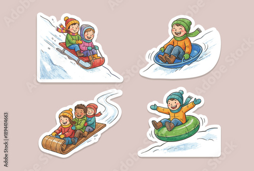 Children sledding and tubing on snowy hill in winter scene  