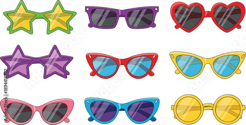 Colorful Sunglasses Collection Featuring Star Heart Round and Cat Eye Frames in Flat Cartoon Style Isolated on White Background for Summer Fashion Design Elements
