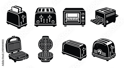 Collection of kitchen appliance icons. Toaster, oven, waffle maker, and sandwich maker design glyph.