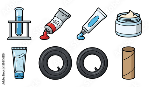 Collection of lab glassware, paint tubes, skin cream container and inner tube illustration.