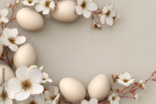 Decorative arrangement of eggs and flowers on a plain background during spring season for seasonal celebration