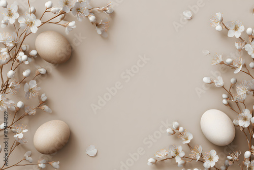 Decorative arrangement of eggs and flowers on neutral background for spring celebration or holiday gathering