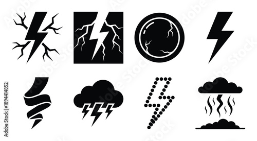 Collection of lightning glyph icons, different weather, and cloudburst. Thunderbolt electricity storm set.