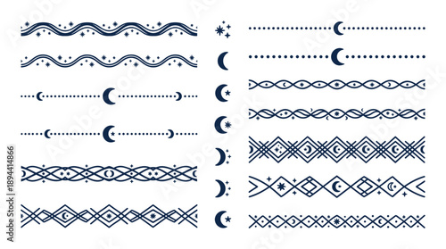Collection of moon and star dividers, midnight borders. Decorative elements for mystical designs.