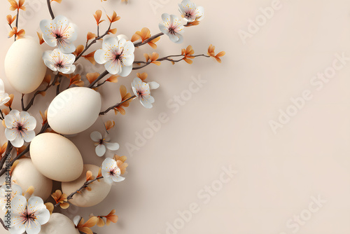 Decorative arrangement of eggs and flowers for spring celebration in a simple setting