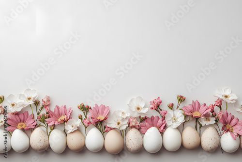 Colorful flowers and eggs arranged in front of a bright background during spring celebration