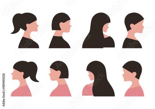 シンプルな女性の横顔のイラストセット