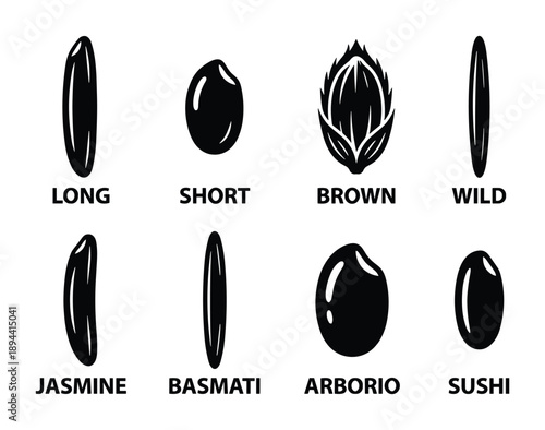 Collection of rice grains glyph, rice type silhouettes. Isolated long, short, brown, wild, jasmine, basmati, arborio, sushi.