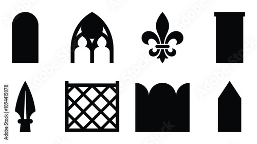 Collection of silhouettes: spear, fleur-de-lis, arches, windows, diamond lattice for architectural designs.