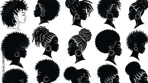 Large Collection of Black Woman Profile Silhouettes with Various Natural Afro Hairstyles and Hoop Earrings Isolated on White Background for Beauty Diversity and Inclusion