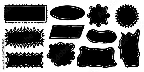 Collection of black and white speech bubbles and text frames for creative design. Hand drawn black label and speech bubble shapes set