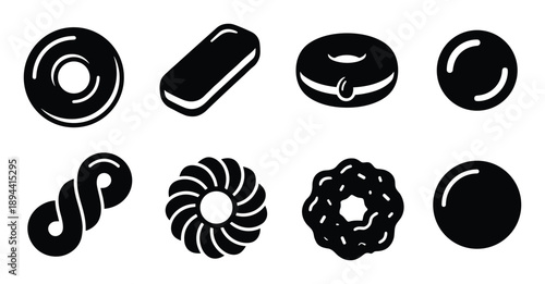 Collection of various donut icons, pastries, sweet desserts. Bakery glyph icons vector design elements.