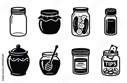 Collection of various jar illustrations. Black and white glyph style. Includes jam, honey, pickles, and more.