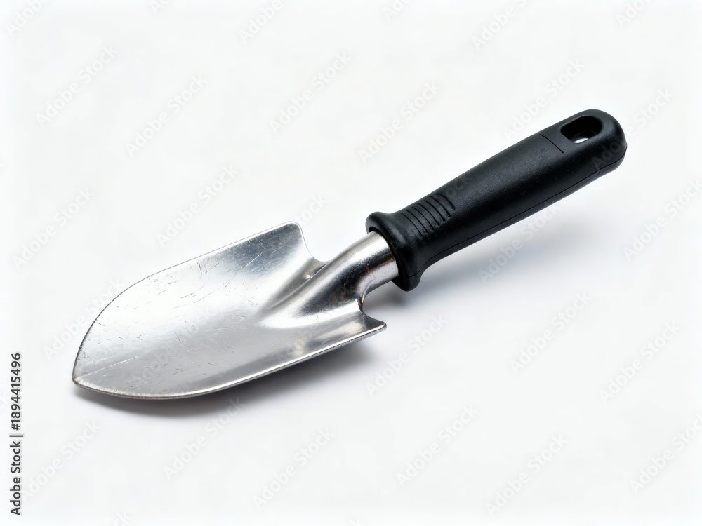Fototapeta premium A small gardening trowel with a black plastic handle and metallic blade on a white background